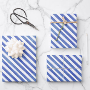 Aquarellfarben Blau und Weiße Streifen Geschenkpapier Set