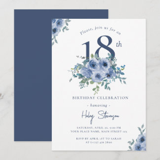 Aquarellfarben Blaue Blüte 18. Chic Geburtstag in Einladung