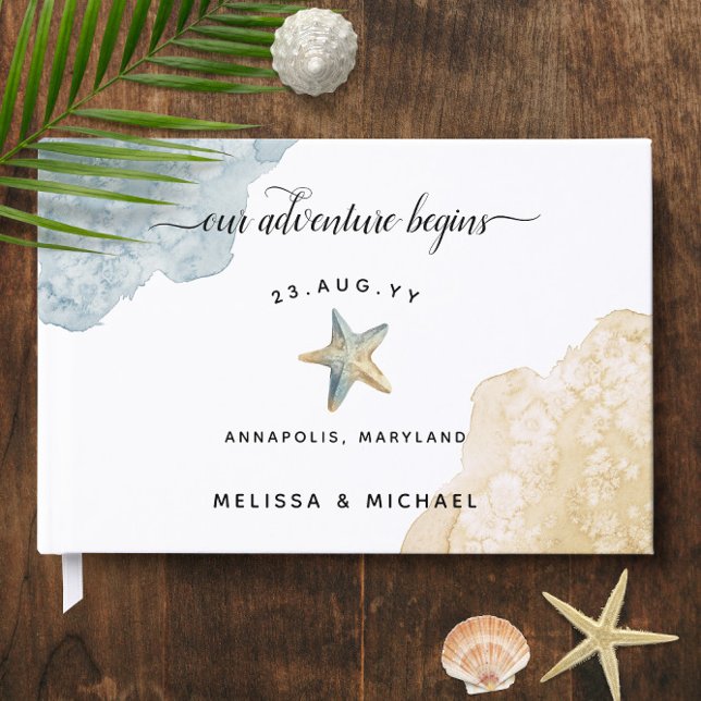Aquarellfarben Blaue Sternfische 🌊 Hochzeit Gästebuch (Watercolor Dusty Blue Starfish 🌊 Beach Wedding Guest Book
)