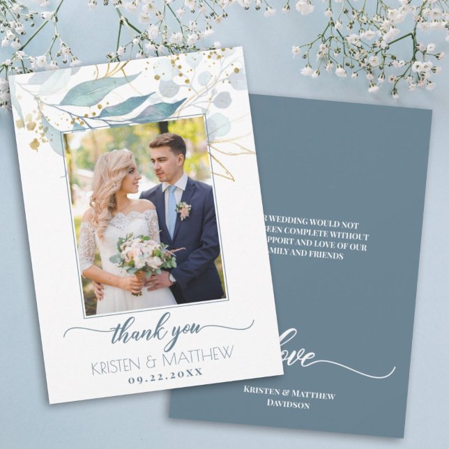 Aquarellfarben Blauer Blume Elegantes Foto Hochzei Dankeskarte (Dusty blue greenery photo wedding thank you card with gold accents for a beautiful boho design.)