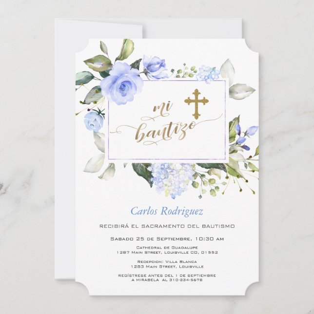 Aquarellfarben Blauer Rahmen Gold Cross Mi Bautizo Einladung (Vorderseite)