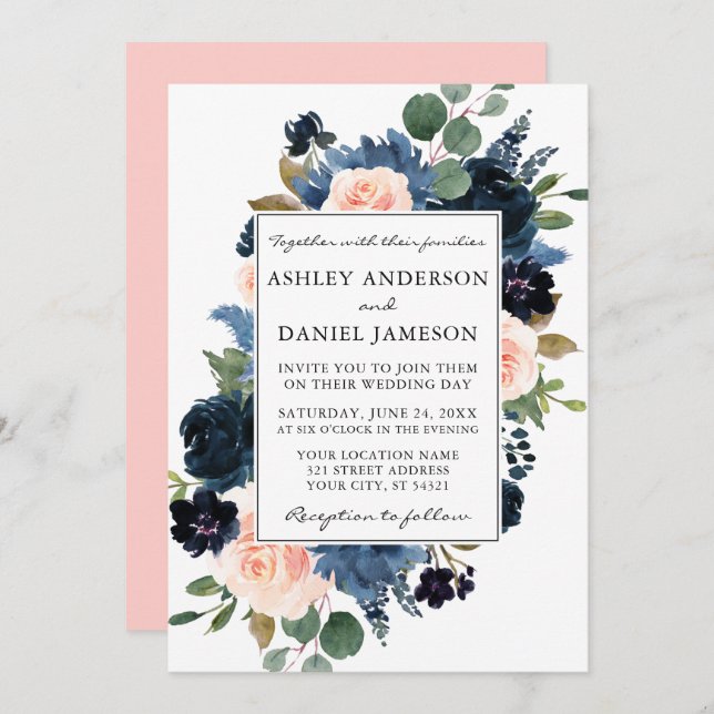 Aquarellfarben Blauer Rosa Blütenblütenblume Hochz Einladung (Vorne/Hinten)