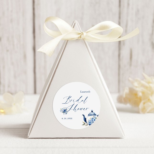 Aquarellfarben Blauer Tee Party Brautparty Runder Aufkleber (Von Creator hochgeladen)