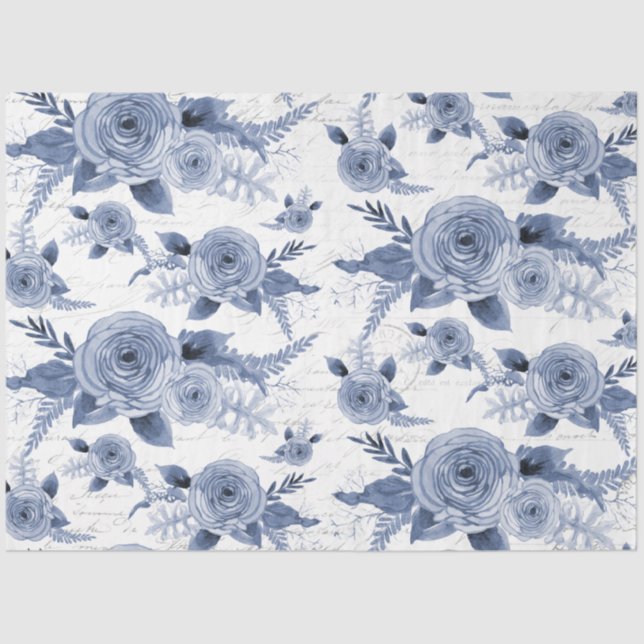 Aquarellfarben Blauer Vintager Script-Dekoute Seidenpapier (Vorderseite)