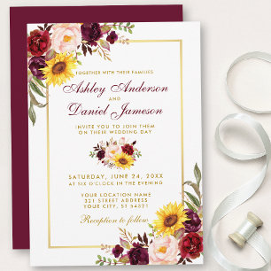 Aquarellfarben Bloral Wedding Burgundy Gold Einladung