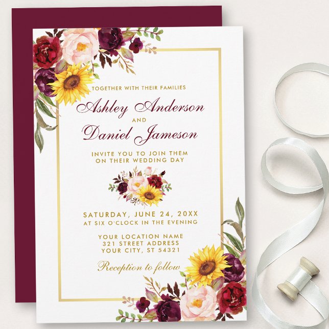 Aquarellfarben Bloral Wedding Burgundy Gold Einladung (Customize to change text color, style, add text & photos to back or change color of back of card.)