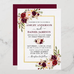 Aquarellfarben Bloral Wedding Burgundy Gold Folieneinladung