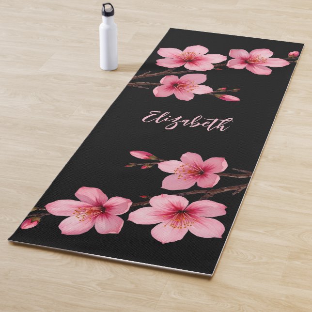 Aquarellfarben Blossom Pink Black Monogram Yogamatte (Beispiel)