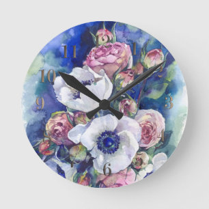 Aquarellfarben Blume anemone Rose Illustrationsflu Runde Wanduhr