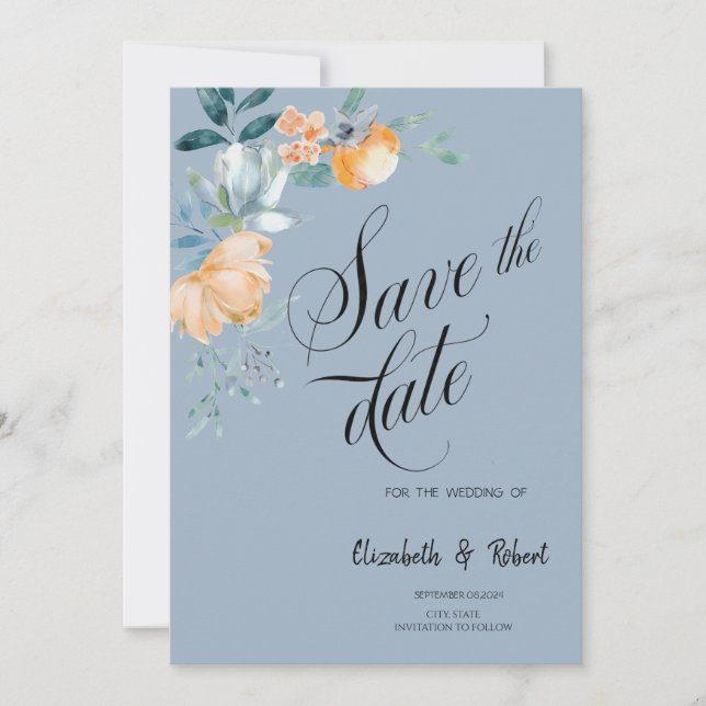 Aquarellfarben Blume Dusty Blue Save the Date (Vorderseite)