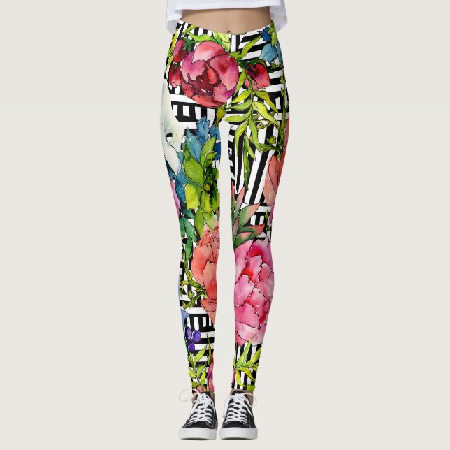 Aquarellfarben Blume Geometrisches Schwarz-weißes  Leggings (Vorderseite)