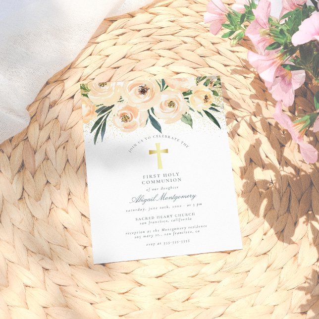 Aquarellfarben Blume Gold Cross Erste Heilige Komm Einladungspostkarte (Von Creator hochgeladen)