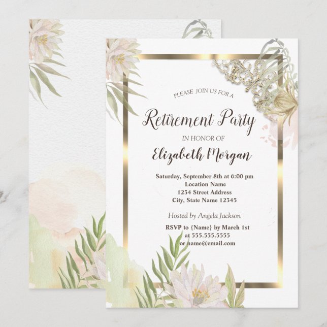 Aquarellfarben-Blume Gold-Rahmen-Rückgabe Einladung (Vorne/Hinten)