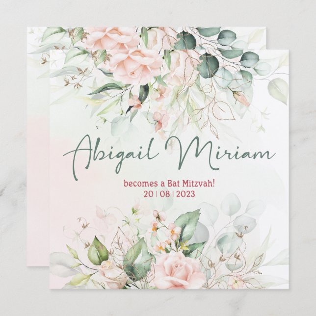 Aquarellfarben Blume Hebräisches Bat Mitzvah Einla Einladung (Vorne/Hinten)