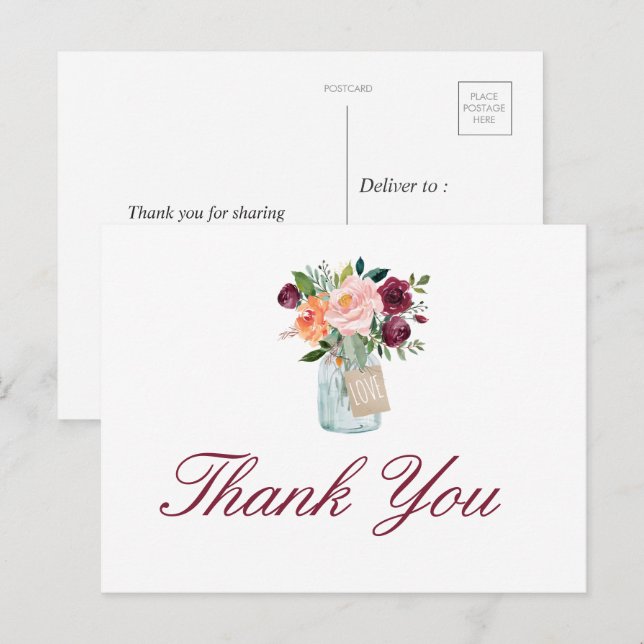 Aquarellfarben Blume Mason Jar Danke Postcard Postkarte (Vorne/Hinten)