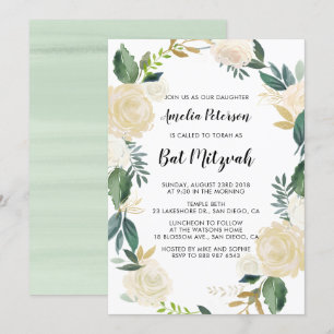Aquarellfarben-Blume mit Gold-Glitzer-Bat Mitzvah Einladung