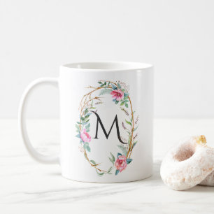 Aquarellfarben-Blume mit Twigs-Wreath-Monogramm-Ta Tasse