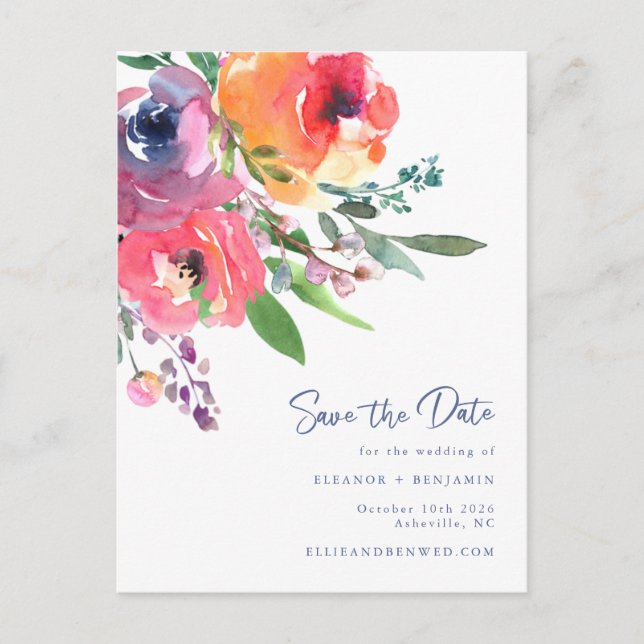 Aquarellfarben Blume Modernes Skript Save the Date Postkarte (Vorderseite)