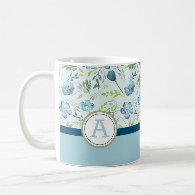 Aquarellfarben Blume Monograviert Blau Grün Kaffeetasse (Links)