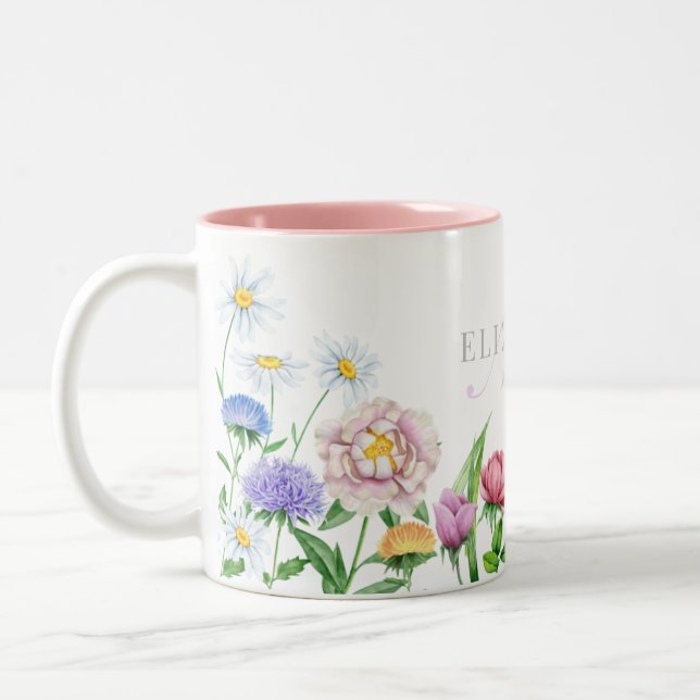 Aquarellfarben Blume Name & Monogramm Zwei-Tone-Ta Zweifarbige Tasse (Links)