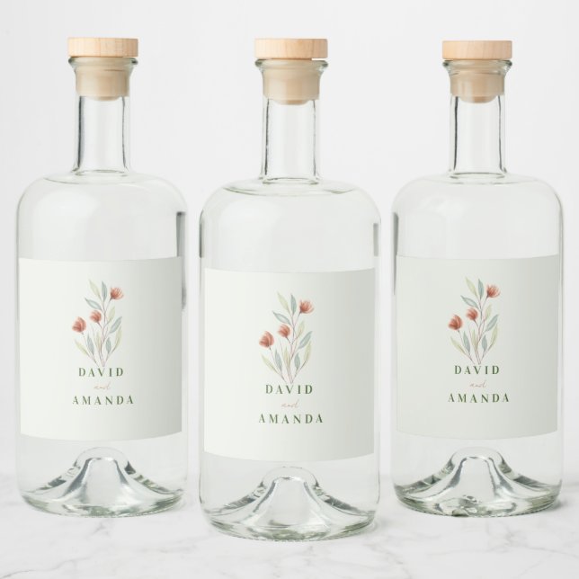 Aquarellfarben Blume Pastellgrün Alkoholflaschenetikett (Flaschen)