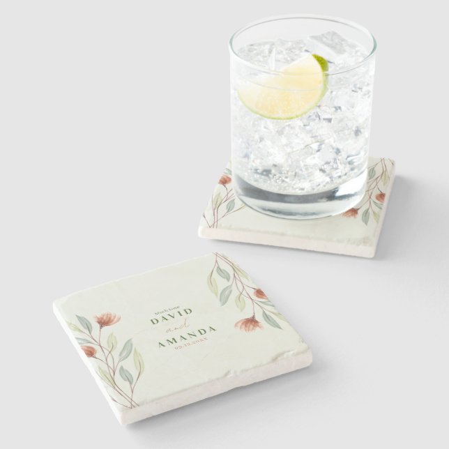 Aquarellfarben Blume Pastellgrün Steinuntersetzer (Seitenansicht)