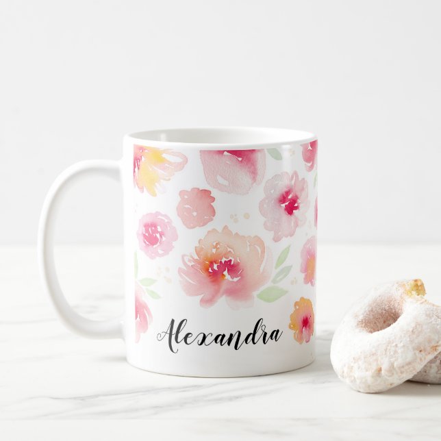 Aquarellfarben Blume Personalisiert Name Kaffee Ta Kaffeetasse (Mit Donut)