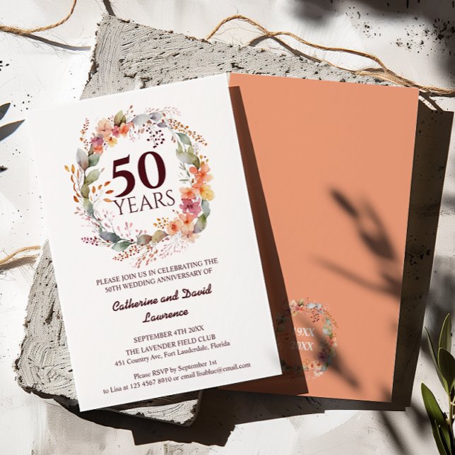 Aquarellfarben Blumengarten Korallenrosa 50. Hochz Einladung (Von Creator hochgeladen)
