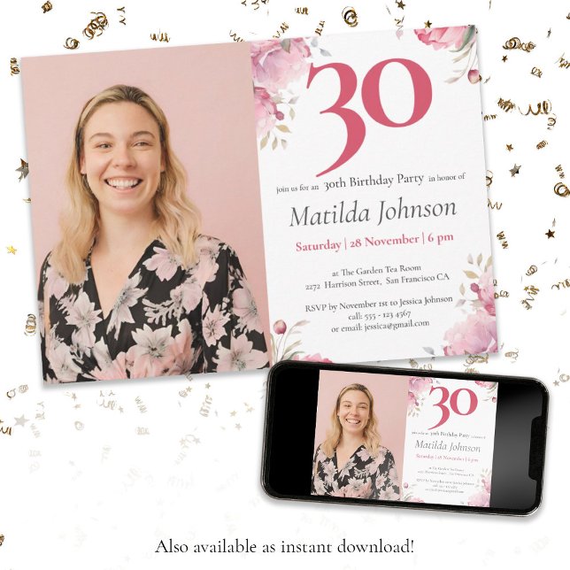 Aquarellfarben Blumenrosa Custom Foto 30. Geburtst Einladung (Photo 30th Birthday Watercolor Floral Pink Custom Invitation)