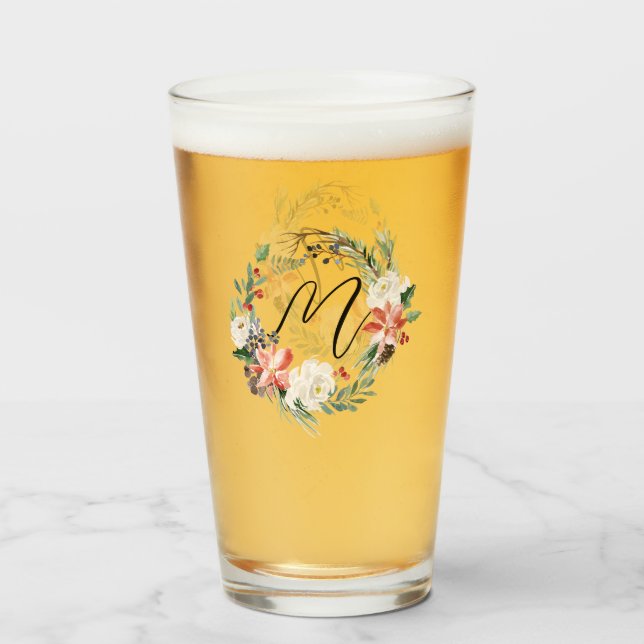 Aquarellfarben Blumenschreath Monogram Weihnachten Glas (Vorne (Gefüllt))