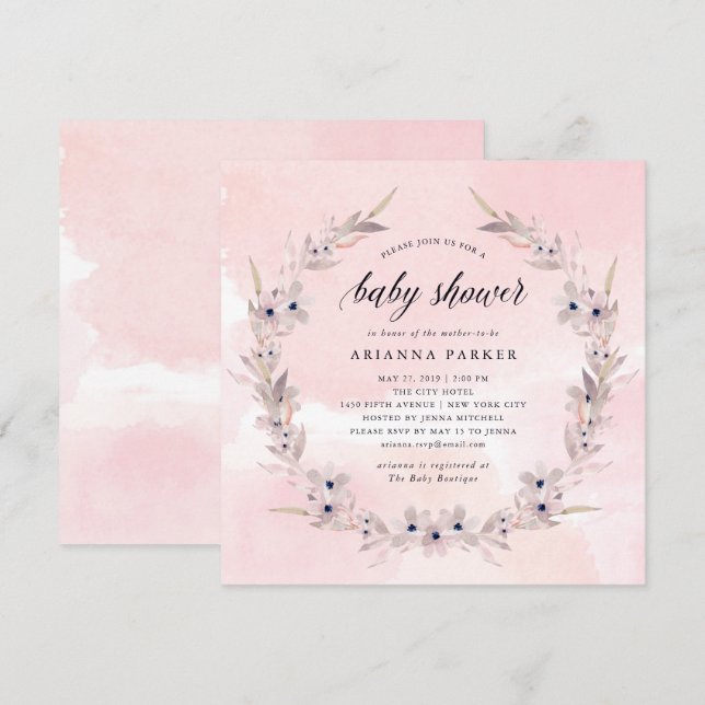 Aquarellfarben | Blush Pink Floral Baby Dusche Einladung (Vorne/Hinten)