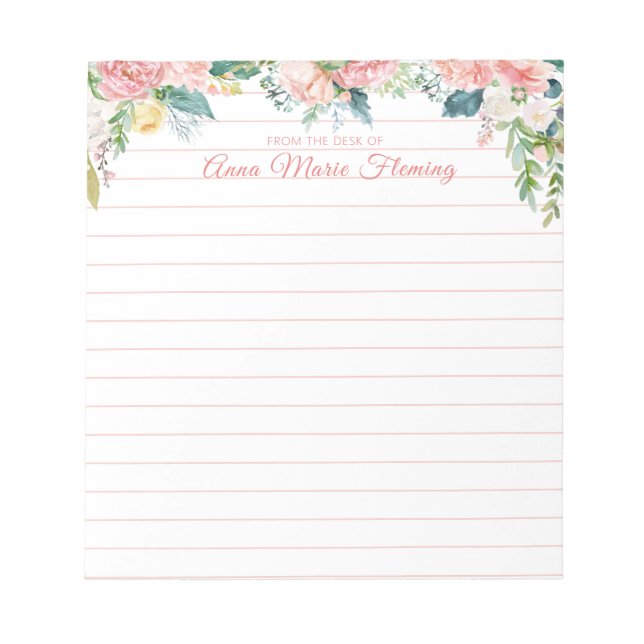 Aquarellfarben Blush Pink Rose Skript Liniert Notizblock (Vorderseite)