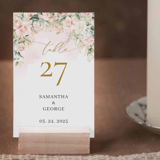 Aquarellfarben Blush Rose Eukalyptus Goldhochzeit Tischnummer (Modern Boho blush floral gold  and eucalyptus wedding table number card)