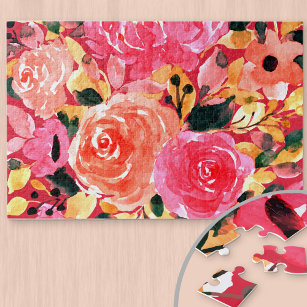 Aquarellfarben Blütenbraun Rosa Sommerblüten Puzzle