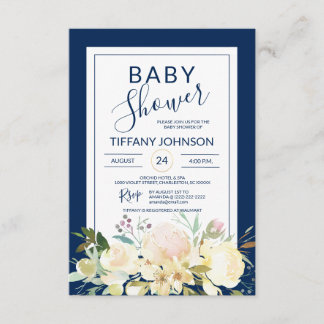 Aquarellfarben Blütenrosa Beige Navy Blue Baby Dus Einladung