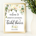 Aquarellfarben Blütenrosa Brautparty WELCOME SIGN Poster<br><div class="desc">Einfach elegantes,  rustikales Bouquet-Design in Aquarell (Aquarell) grüne Vegetation,  rot Rosa,  Beige,  Champagner,  Vanille,  Pfirsich,  weiße Blume Rose / Peony auf weißem Hintergrund und schwarzen Buchstaben. Hochzeit Brautparty WELCOME SIGN für das Frühlings- oder Sommerthema.</div>