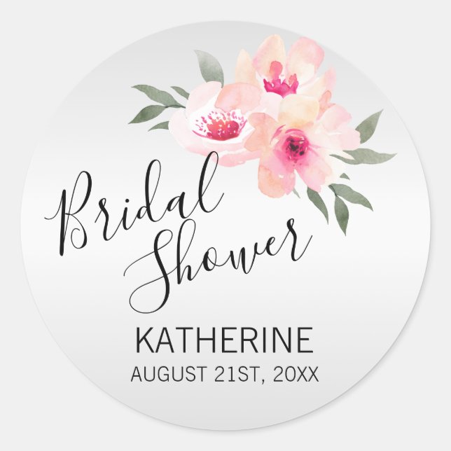 Aquarellfarben Blütenrosa Grau / Grau Brautparty Runder Aufkleber (Vorderseite)