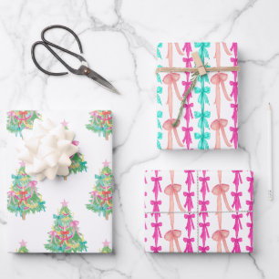 Aquarellfarben Bright Coquette Bows Weihnachtsbaum Geschenkpapier Set