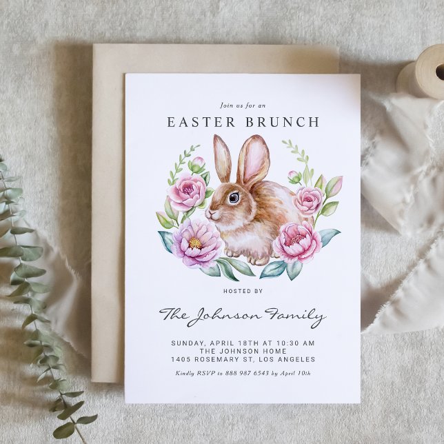 Aquarellfarben Bunny und Rosa Blume Osterfest Part Einladung (Customizable Easter Brunch invitation featuring a cute watercolor bunny with pink flowers.)