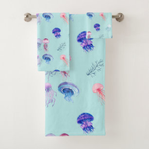 Aquarellfarben, bunte Quallen Blau Badhandtuch Set