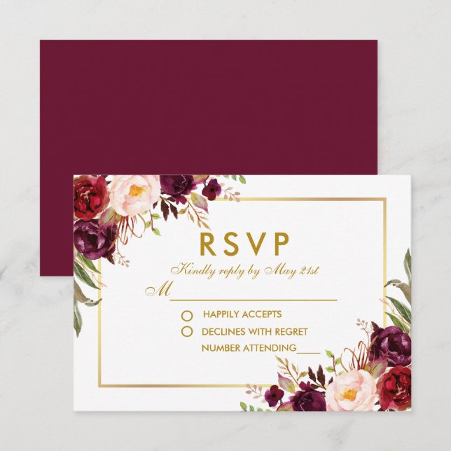 Aquarellfarben-Burgund-Gold-Hochzeit RSVP B Karte (Vorne/Hinten)