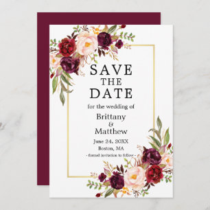Aquarellfarben-Burgundi-Rose Blumengoldrahmen Save The Date