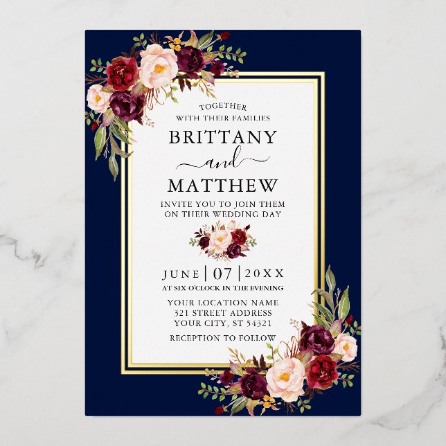 Aquarellfarben Burgundy Floral Blue 2 Frame Gold Folieneinladung (Vorderseite)