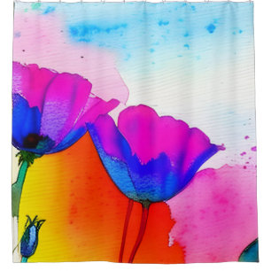 Aquarellfarben California Poppy Pink Blau Duschvorhang