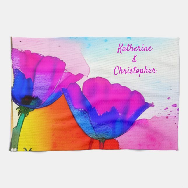 Aquarellfarben California Poppy Pink Blau Geschirrtuch (Horizontal)