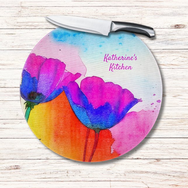 Aquarellfarben California Poppy Pink Blau Schneidebrett (Watercolor poppies in pink and blue adorn this beautiful personalized cutting board.)