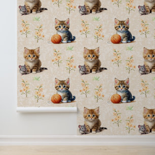 Aquarellfarben Cat Mouse Garne floral auf Texturie Tapete