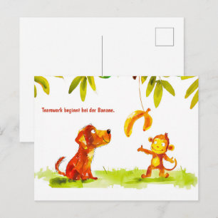 Aquarellfarben Comic Hund und Affe Woll Banana Feiertagspostkarte