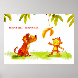 Aquarellfarben Comic Hund und Affe Woll Banana Poster