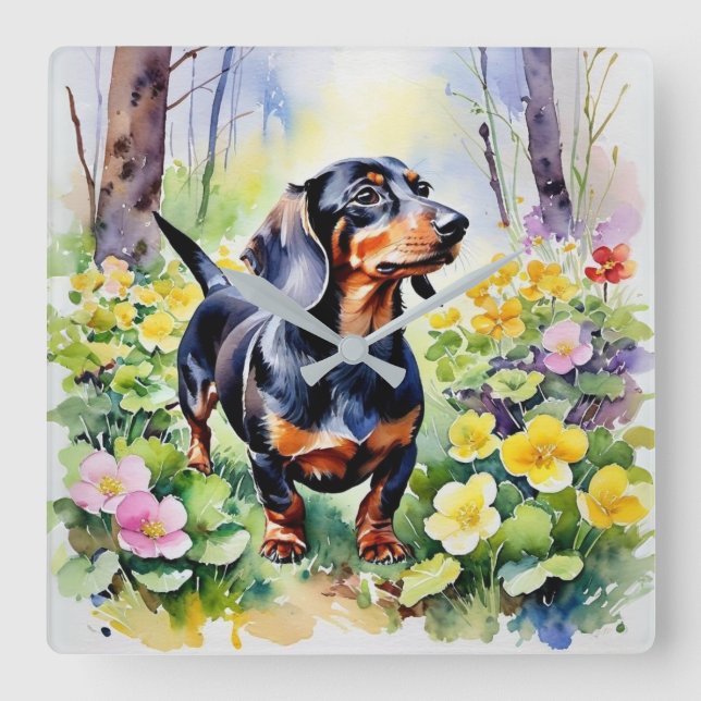 Aquarellfarben Dackel Wurst Hund Holz Primrose Quadratische Wanduhr (Vorderseite)